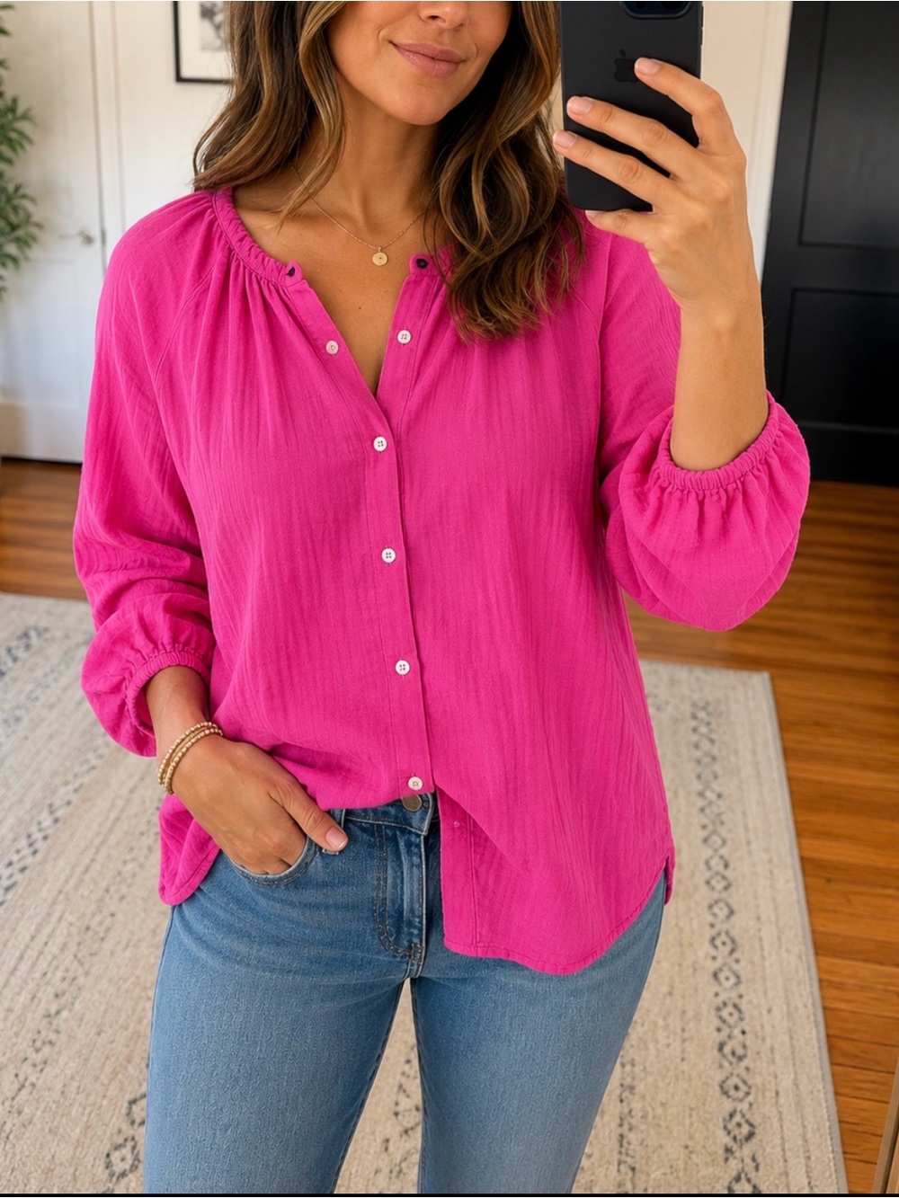GAP Fuchsia Button-Front Textured Blouse